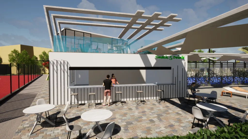 Rendering del futuro lounge bar con tavolini e spazi all'aperto